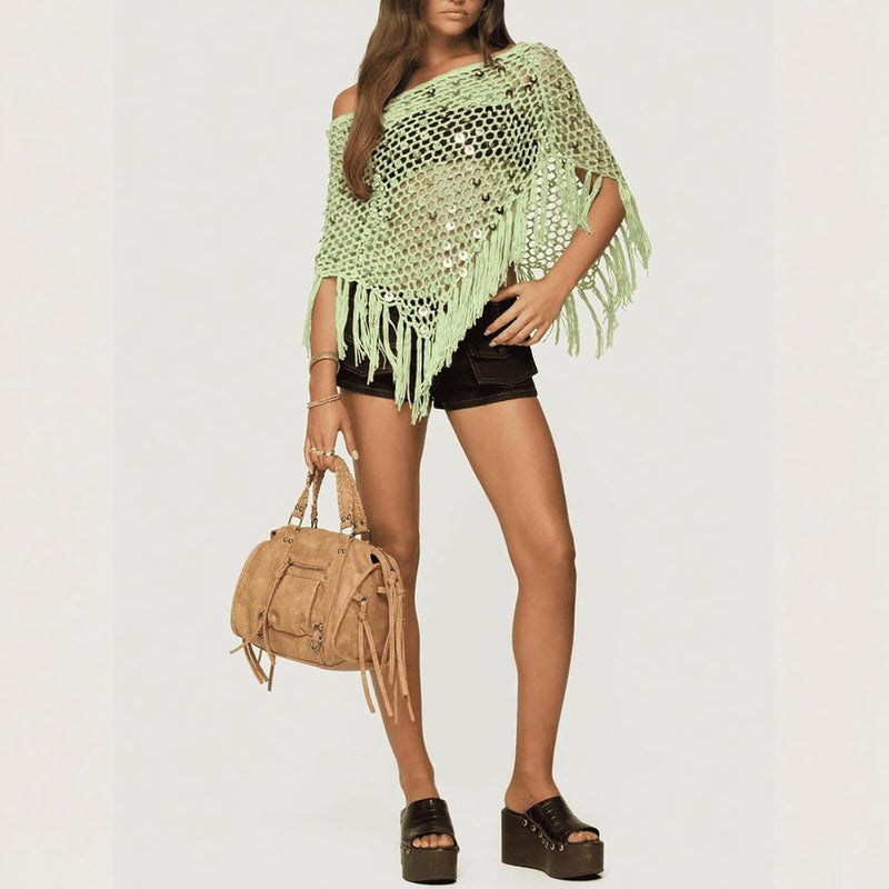 Argeousgor Women Sheer Poncho Top Lightweight Knit Crochet Shrug Bolero Mesh Batwing Sleeve Sweater Cover Up Beachwear - Image 2